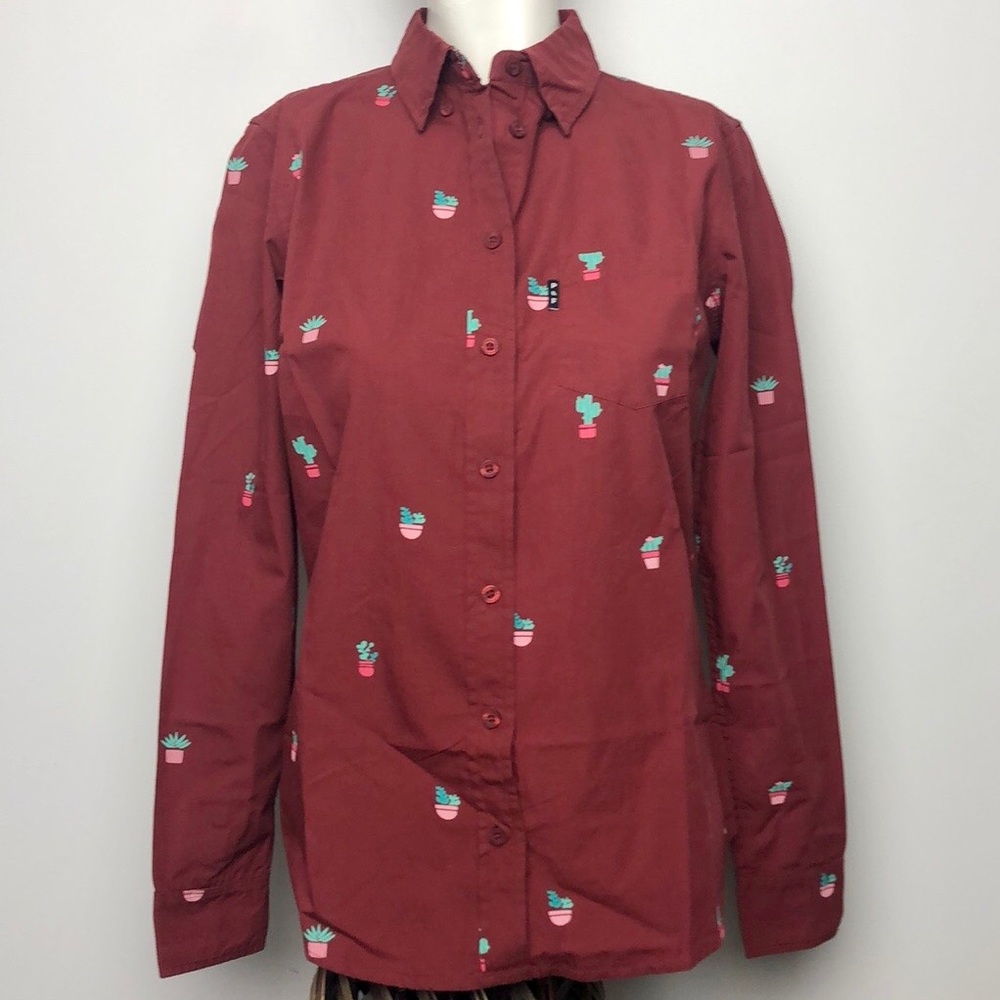 Poches & Fils Burgundy Cactus Print Button Down Shirt Size XS